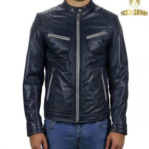 Jaket Kulit Motor Biru Tua KM106